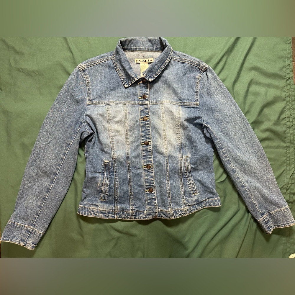 A.M.I. Women's M Medium Front Button Single Breasted Denim Jacket Blazer